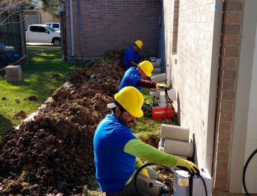 Three Allied Foundation workers in blue shirts and yellow helmets ramming piers along the left side of a brick wall