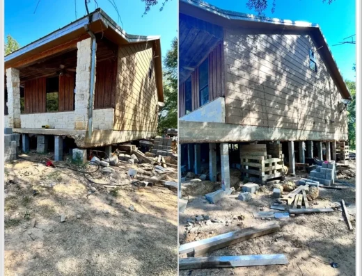 Home elevated above masonry piers and temporary cribbing during foundation work