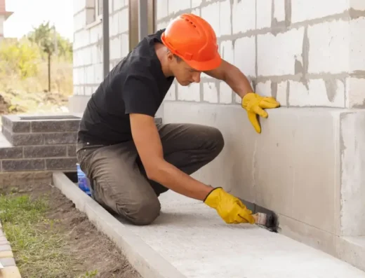 Hy-Tech foundation repair technician in a hardhat working on a block and base foundation in Houston, TX