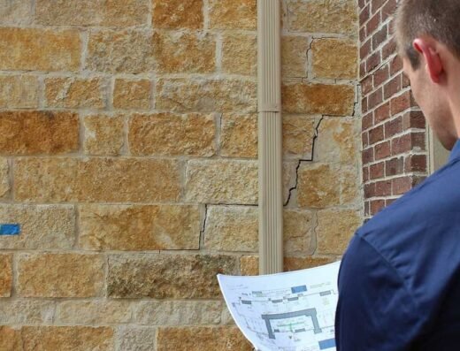 Perma Pier evaluator reviewing a cracked brick foundation wall against building plans in Houston