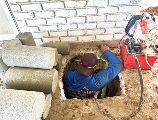 Valued Foundation Repair technician working in an excavated pit beside stacked concrete piling cylinders
